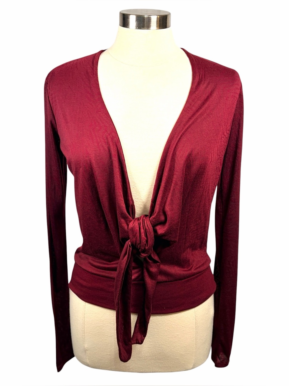 NWT CHASER Long-Sleeve Deep-V Tie-Front Burgundy Burnout Top, Small